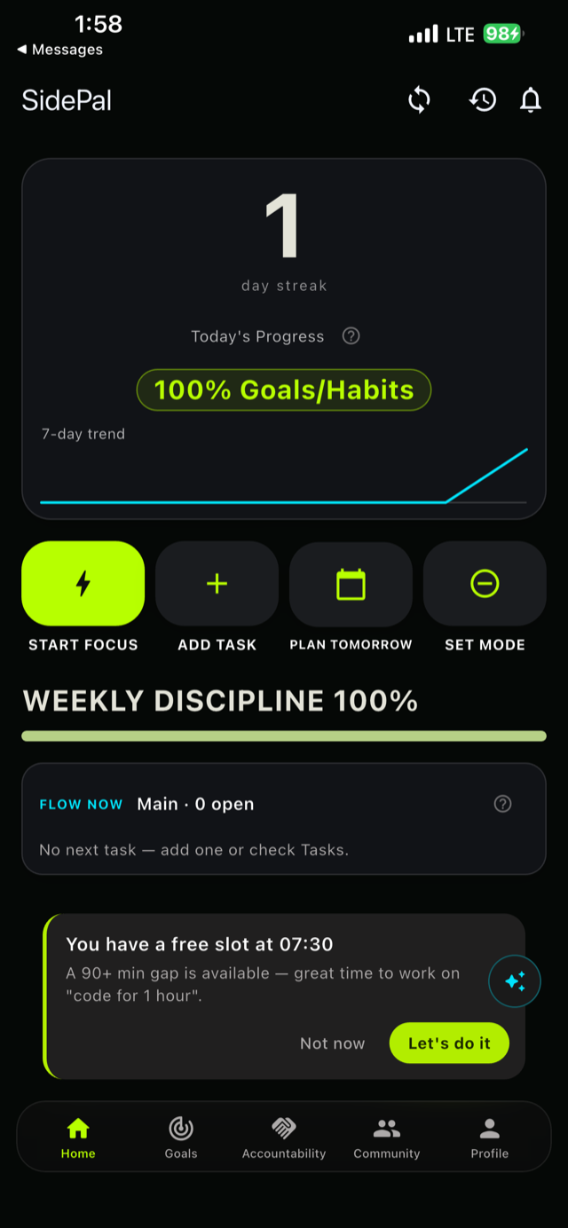 SidePal home screen — day streak, today's progress, focus and planning actions