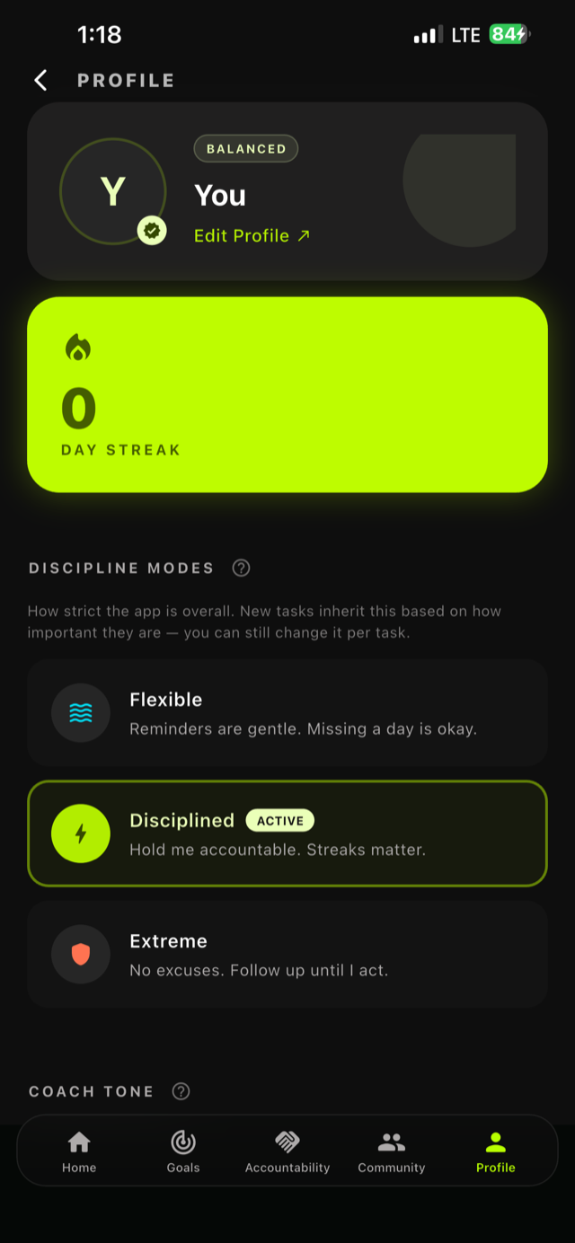 SidePal profile screen showing discipline modes: Flexible, Disciplined, and Extreme